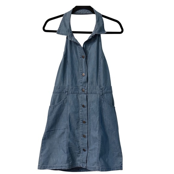 Free People Sami‎ Denim Mini Dress Collared Halter Sleeveless Button Down - Picture 2 of 12